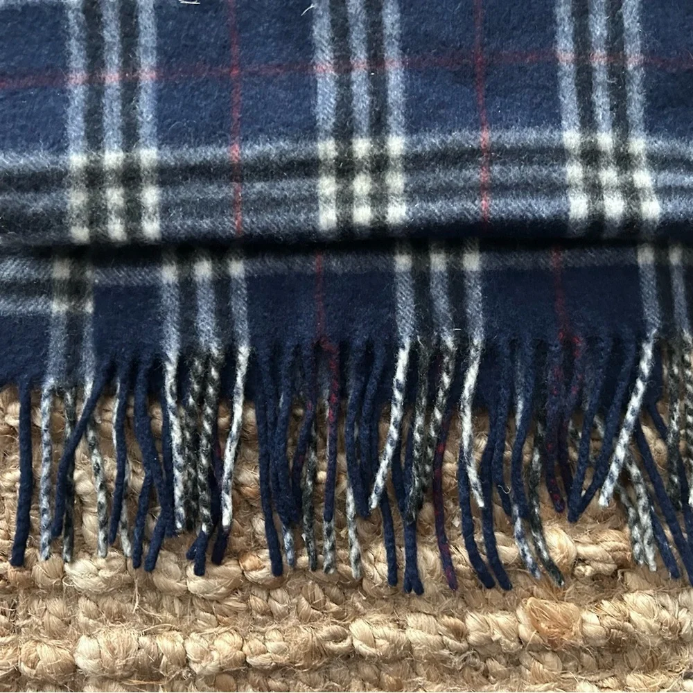 Erdos Pure Cashmere Plaid Fringe Scarf Navy Gray Red - 11”x50”